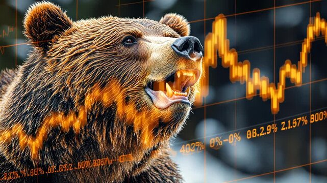 Bear showing teeth with stock market chart