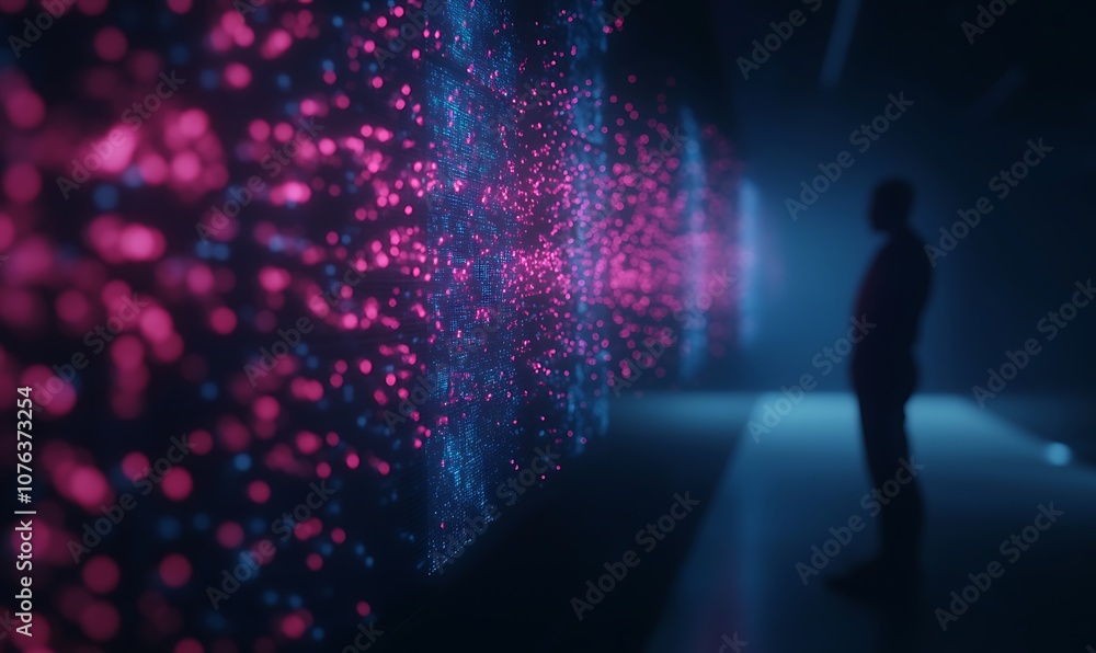 Poster A person stands in front of a visually striking, illuminated wall displaying vibrant patterns of blue and pink light in a dark setting.
