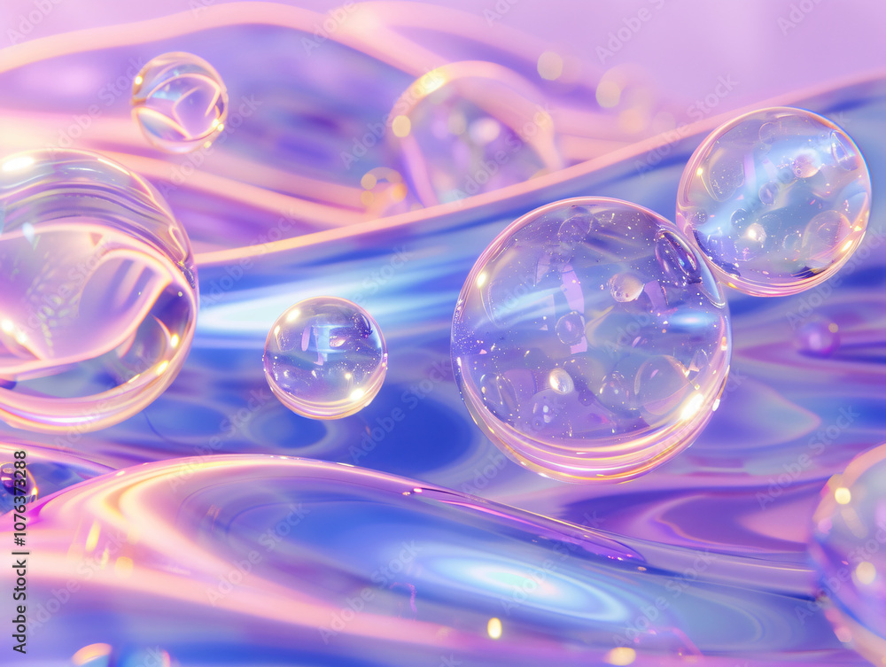 Poster a close-up of colorful bubbles floating on a smooth surface, featuring reflections and light play th