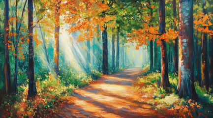 Obraz premium Dreamlike Autumn Forest Path with Sunlight Filtering Through the Leaves