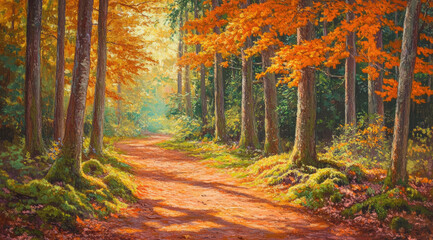 Fototapeta premium Sun-Dappled Autumn Forest Path with Vibrant Orange and Red Foliage