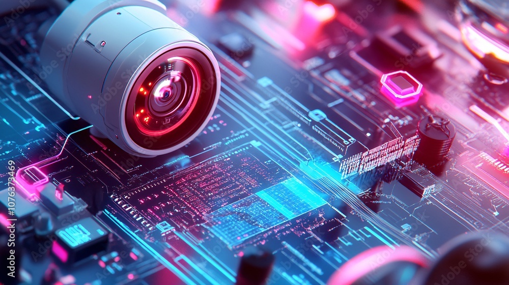 Poster cybersecurity concepts with surveillance camera and circuitry