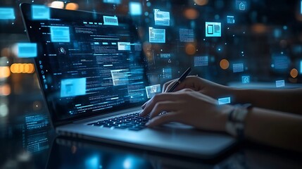 Digital document and hands typing on a laptop on table