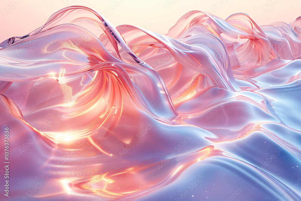 Poster another mesmerizing view of soft waves in pastel colors, flowing smoothly and reflecting light, evok