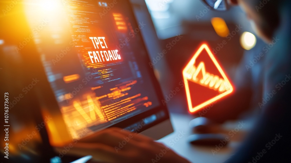 Poster bright alert on computer screen with warning sign