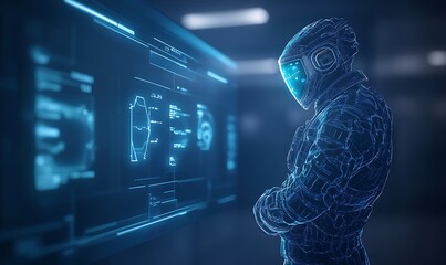 A futuristic figure composed of digital elements interacts with holographic displays in a high-tech environment.