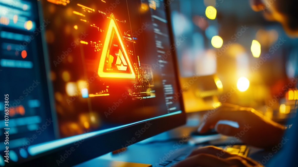 Poster computer screen alert with flashing warning icon