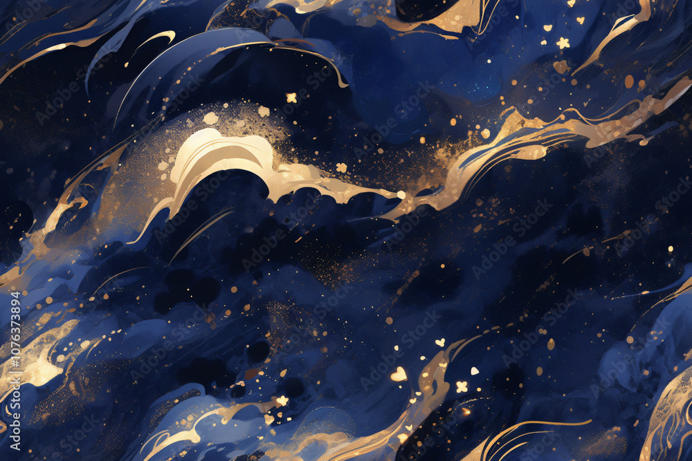 Aufkleber an artistic representation of swirling waves in a deep navy background with golden accents, creating