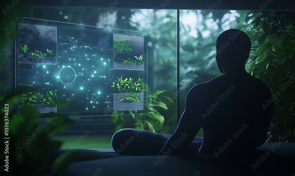 Poster a figure sits surrounded by greenery, gazing at a holographic display showcasing digital plants and 