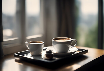 window tray next sitting table cup hot drink domestic coffee room material wood