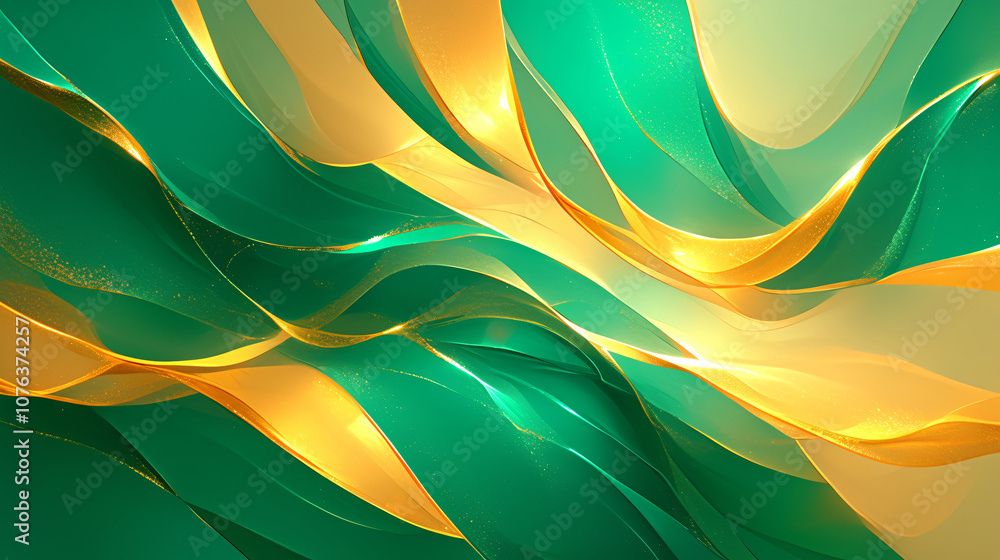 Poster abstract illustration characterized by vibrant green and gold waves flowing smoothly, creating a dyn
