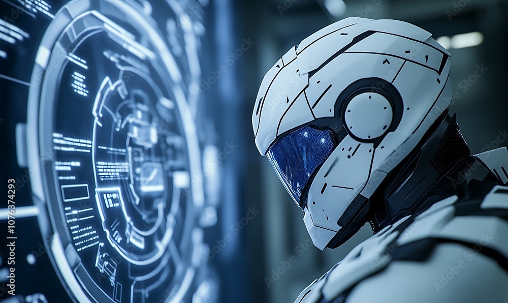 Poster A futuristic robot interacts with a holographic interface, showcasing advanced technology and digital graphics in a sci-fi environment.