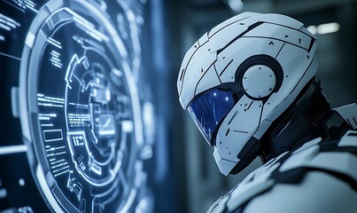 A futuristic robot interacts with a holographic interface, showcasing advanced technology and digital graphics in a sci-fi environment.