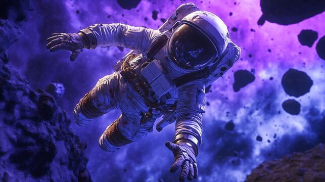 an astronaut floating in space with rocks floating around him, purple tones