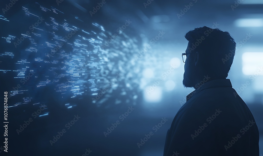 Aufkleber A silhouetted figure gazes at dynamic, glowing data streams, creating a sense of wonder and exploration in a technology-driven environment.