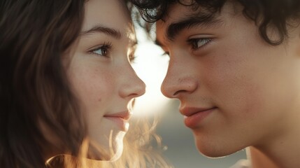 Fototapeta premium Close-up of two individuals sharing a meaningful gaze, capturing mutual respect, connection, and empathy in a serene setting, with soft focus on their expressions highlighting the depth of their bond
