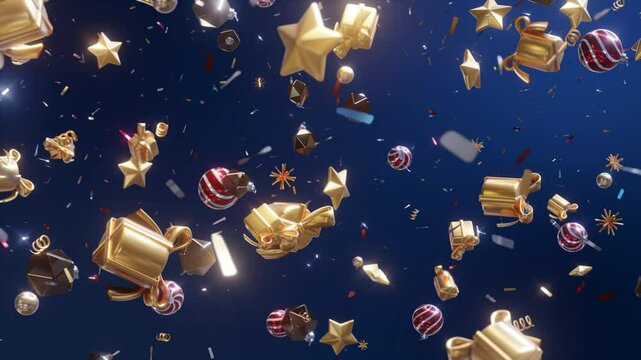 Colorful Christmas balls Background, gifts and Golden stars moving in space with confetti On blue Screen. Loop 3D animation render 4K.