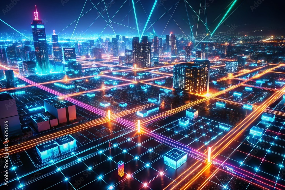 Poster aerial view of neon-lit blockchain pathways in a dark digital landscape representing secure connecti