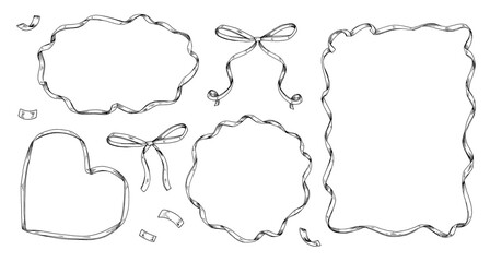 A vintage set of hand drawn ribbon and bow frames in various shapes. Perfect for invitations, cards, or gift tags. The black and white vector art provides customizable copy space for your messages