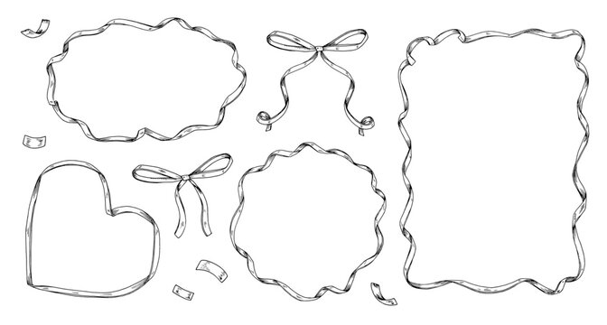 A vintage set of hand drawn ribbon and bow frames in various shapes. Perfect for invitations, cards, or gift tags. The black and white vector art provides customizable copy space for your messages
