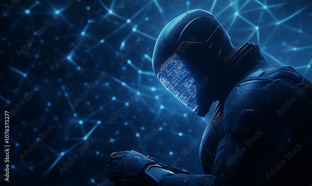 Poster a futuristic figure with a glowing helmet, surrounded by a digital network of blue connections, evok
