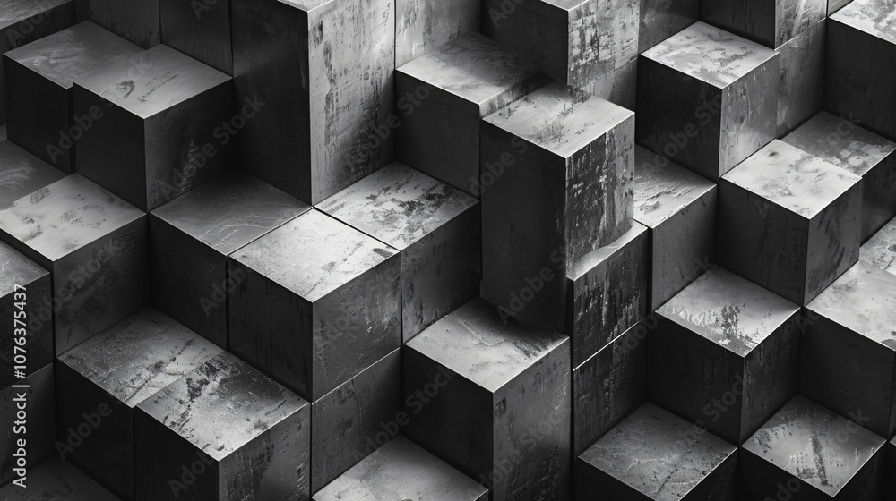 Poster abstract photograph presenting a three-dimensional view of cubic structures in varying shades of gra