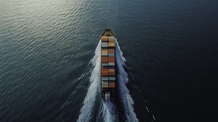 Aerial view of cargo ship transporting containers across water