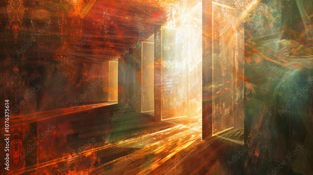 Poster abstract illustration showcasing a vibrant and colorful space filled with light and reflections, cre