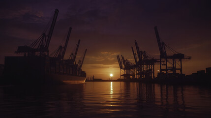 Obraz premium panoramic shot of container dock at sunset, showcasing silhouettes of cranes and ships