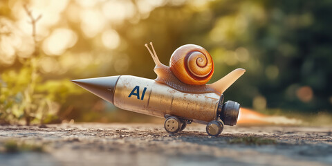 Lumaca che cavalca un razzo con la scritta AI che viaggia a forte velocità. Concetto che l'intelligenza artificiale può velocizzare le attività lente.