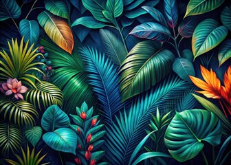 Nature-Themed Tropical Leaves Night Photography Wallpaper with Floral Background and Copy Space for Advertising, Nature, and Decor Use
