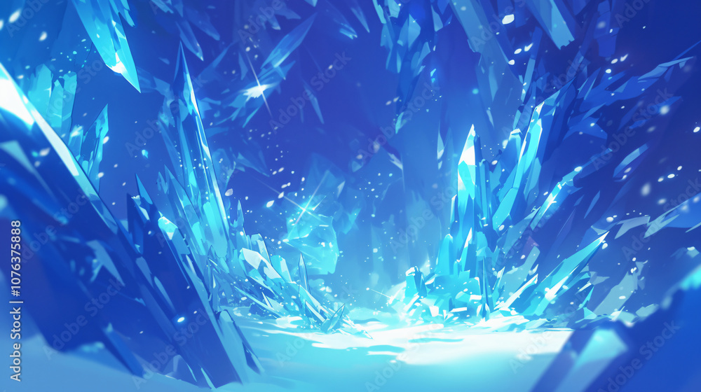 Poster abstract illustration depicting a crystalline cave with sharp blue ice formations, creating a cold a