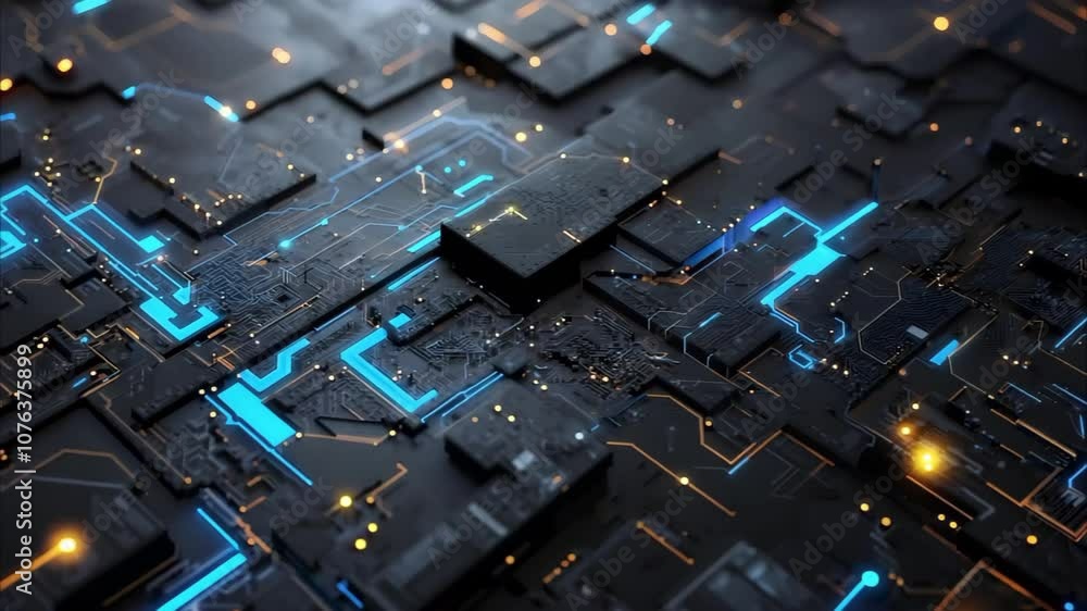 Poster a close-up of a textured surface with glowing circuit patterns and lines in blue and orange against 