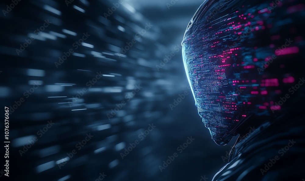 Poster a futuristic figure composed of digital particles, surrounded by dynamic light streaks, representing