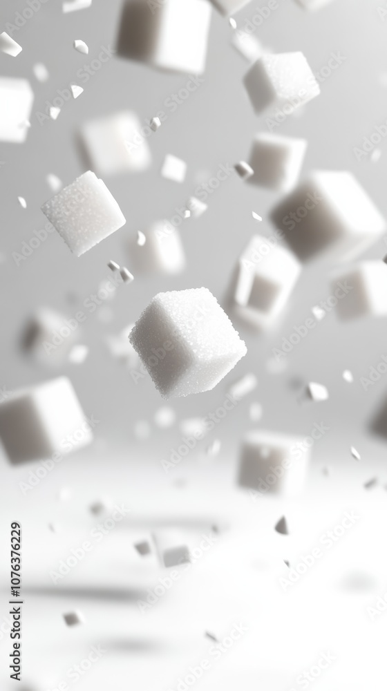 Poster Many white sugar cubes are falling and rotating on a white background, creating an abstract and dynamic composition that symbolizes the concept of sugar consumption and its effects on health