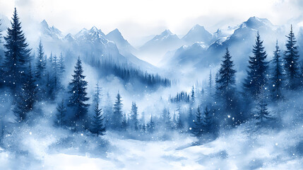 Obraz premium A beautiful watercolor-style illustration of a snowy winter scene, with snow-covered pine trees, gentle snowflakes falling, and a peaceful, cool color palette of blues and whites that captures the cri