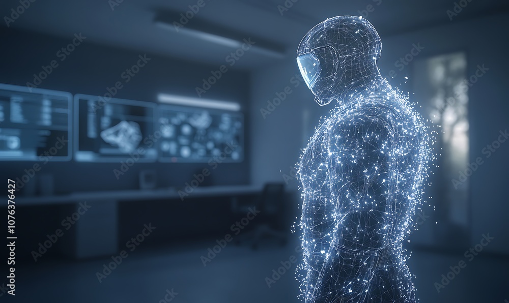 Aufkleber A futuristic figure composed of glowing particles stands in a tech-filled room, symbolizing the blend of technology and humanity.