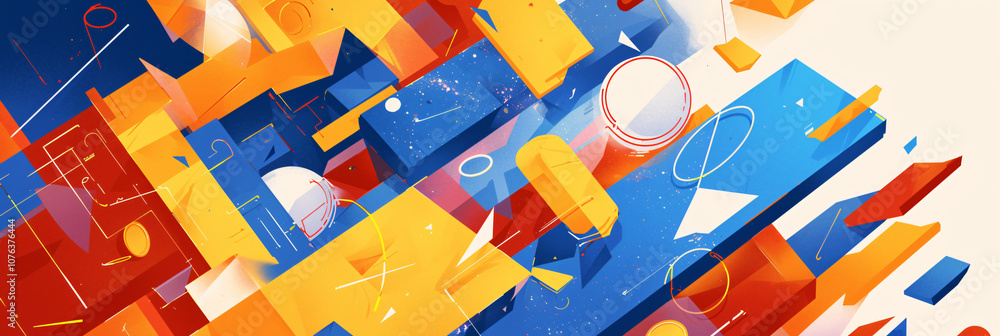 Poster abstract illustration displaying a colorful composition of geometric shapes in blue, orange, and yel