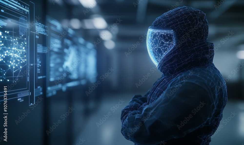 Poster a futuristic figure in a hooded suit observes glowing digital screens, embodying advanced technology