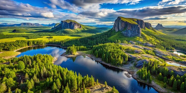 Aerial View of the Majestic Flatruet Fj&auml;ll Plateau: Exploring the Stunning Landscape of Central Sweden's High Altitude Mountains with Lush Greenery and Rugged Terrain