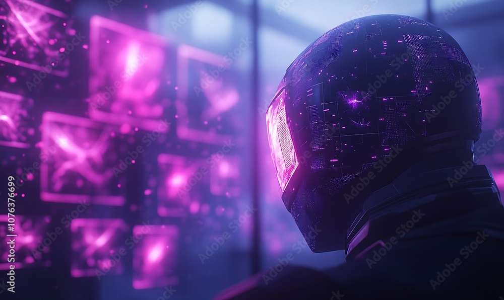 Poster a futuristic figure with a glittering helmet gazes at vibrant, digital displays in a neon-lit enviro