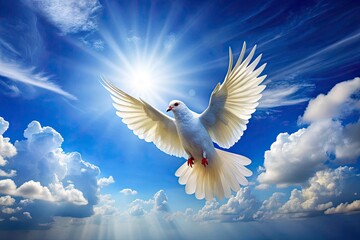 Obraz premium Peaceful Flight of a White Dove Against a Bright Sky - Minimalist Photography