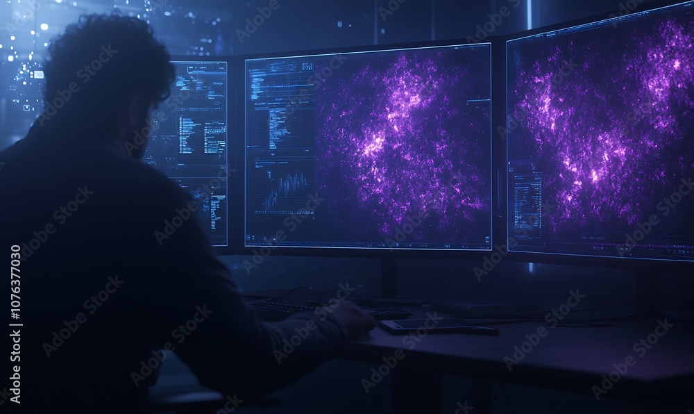 Aufkleber A contemplative figure sits before multiple monitors displaying vibrant, cosmic graphics, suggesting a deep engagement with data or simulation.