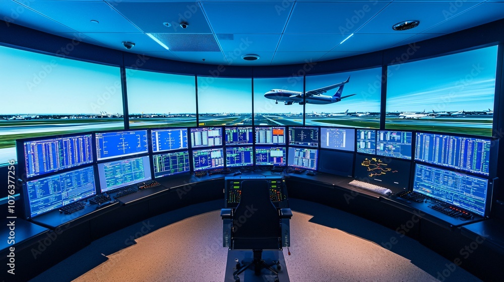 Poster explore the advanced technology behind a high-tech flight control center at the airport enhancing ai
