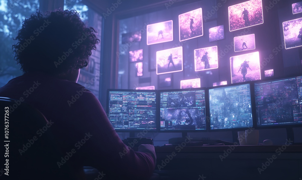 Aufkleber A person is seated, gazing at multiple screens displaying vibrant images, immersed in a tech-driven environment with a focus on data and monitoring.