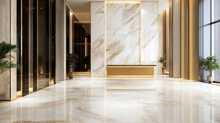 A polished marble background in shades of white and gold, luxurious texture with glossy finish