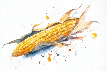 Single ear of corn with husk partially peeled back, painted in vibrant watercolor splashes, capturing the warmth and energy of autumn harvest