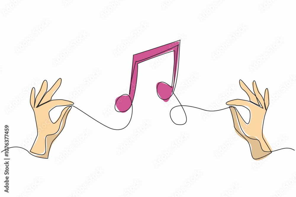 Poster single continuous line drawing two hands holding the string and the middle forming a tone symbol. th