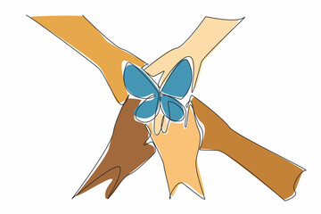 Single continuous line drawing five hands with different skin colors stacked on top of each other. Metaphor interconnectedness of humanity. Zero Discrimination Day. One line design vector illustration