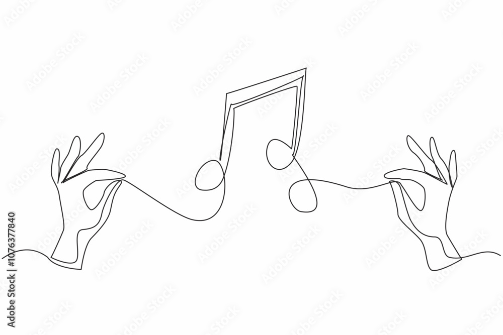 Poster single continuous line drawing two hands holding the string and the middle forming a tone symbol. th